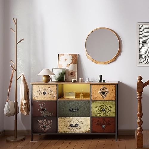 Miniatura 7 de Cómoda con Patrón con Luces LED y Tomas de Corriente, Cómoda Soporte de TV con 8 Cajones para TV de 55", Cómoda de Tela con Cajones para Dormitorio,