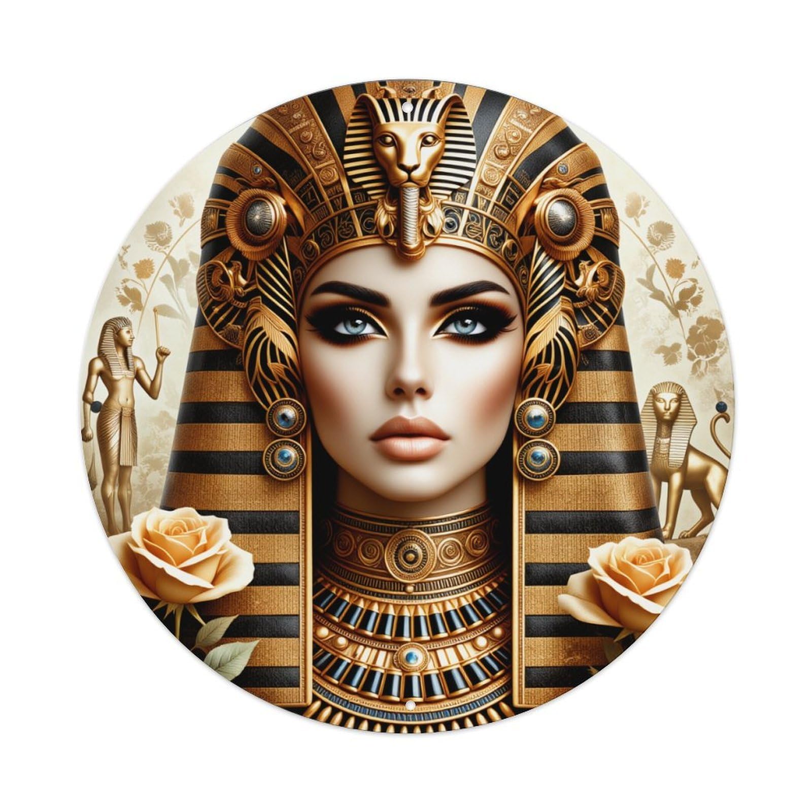 Egyptian Queen Golden Headdress Roses Round Tin Sign Vintage Metal Poster, Home Bar Garage Man Cave Cafe Indoor & Outdoor Wall Decoration 8x8Inches