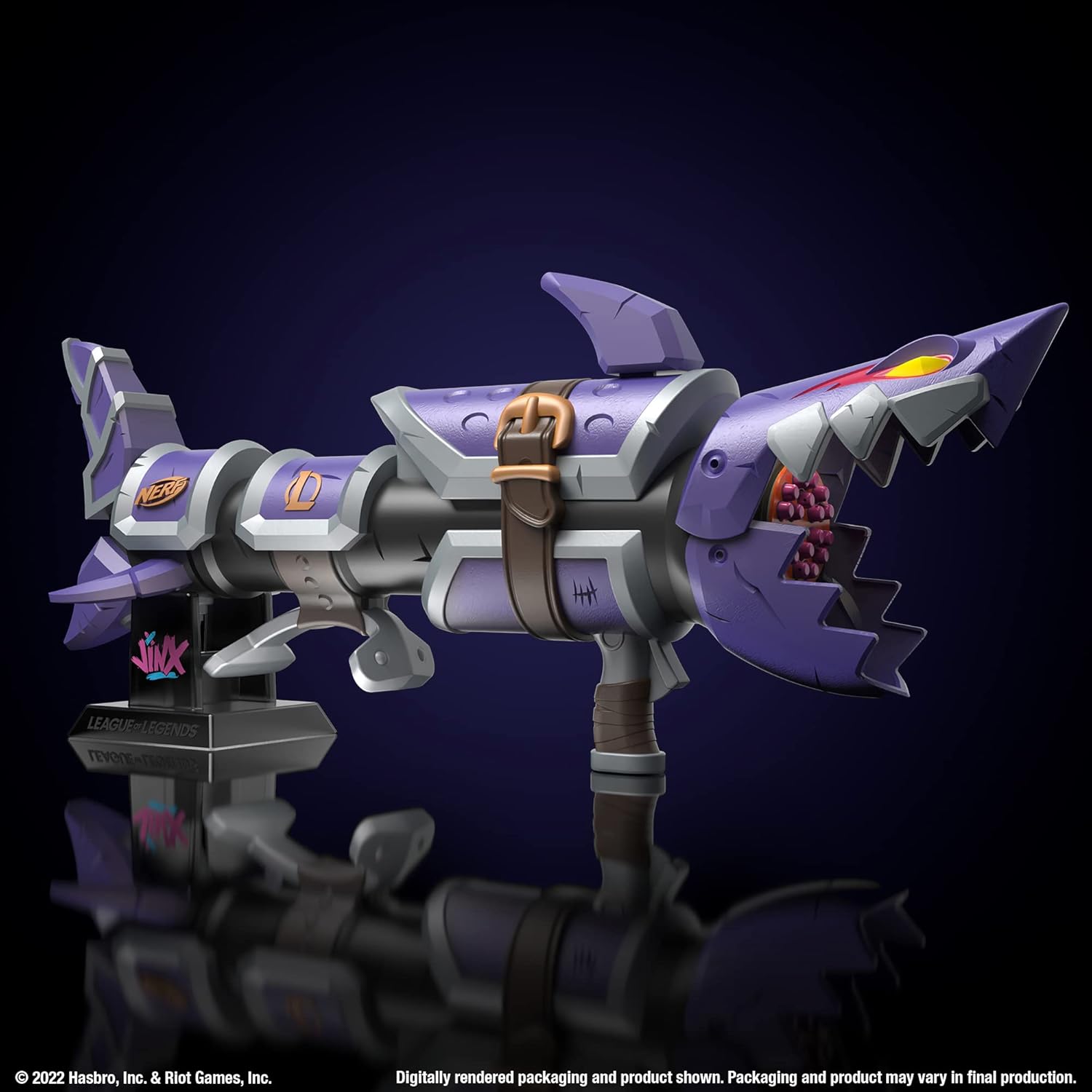 Nerf LMTD League of Legends Jinx Fishbones Blaster, 18 Dart Drum, 18 Elite Darts, 3 Dart Burst, Display Stand