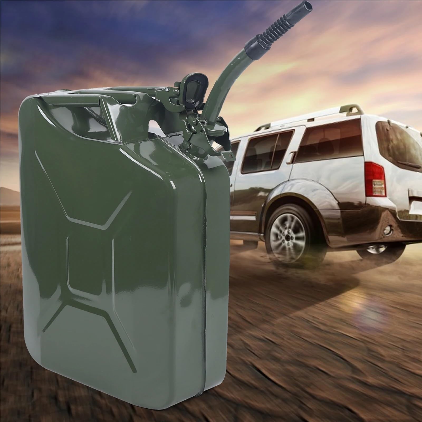 Benzinkanister 20-Liter-Benzinkanister aus Metall, grün, mit Kraftstoffbehälter und Ausgießsystem, Benzineimer aus kaltgewalztem Blech, Benzintank, Dieselkanister