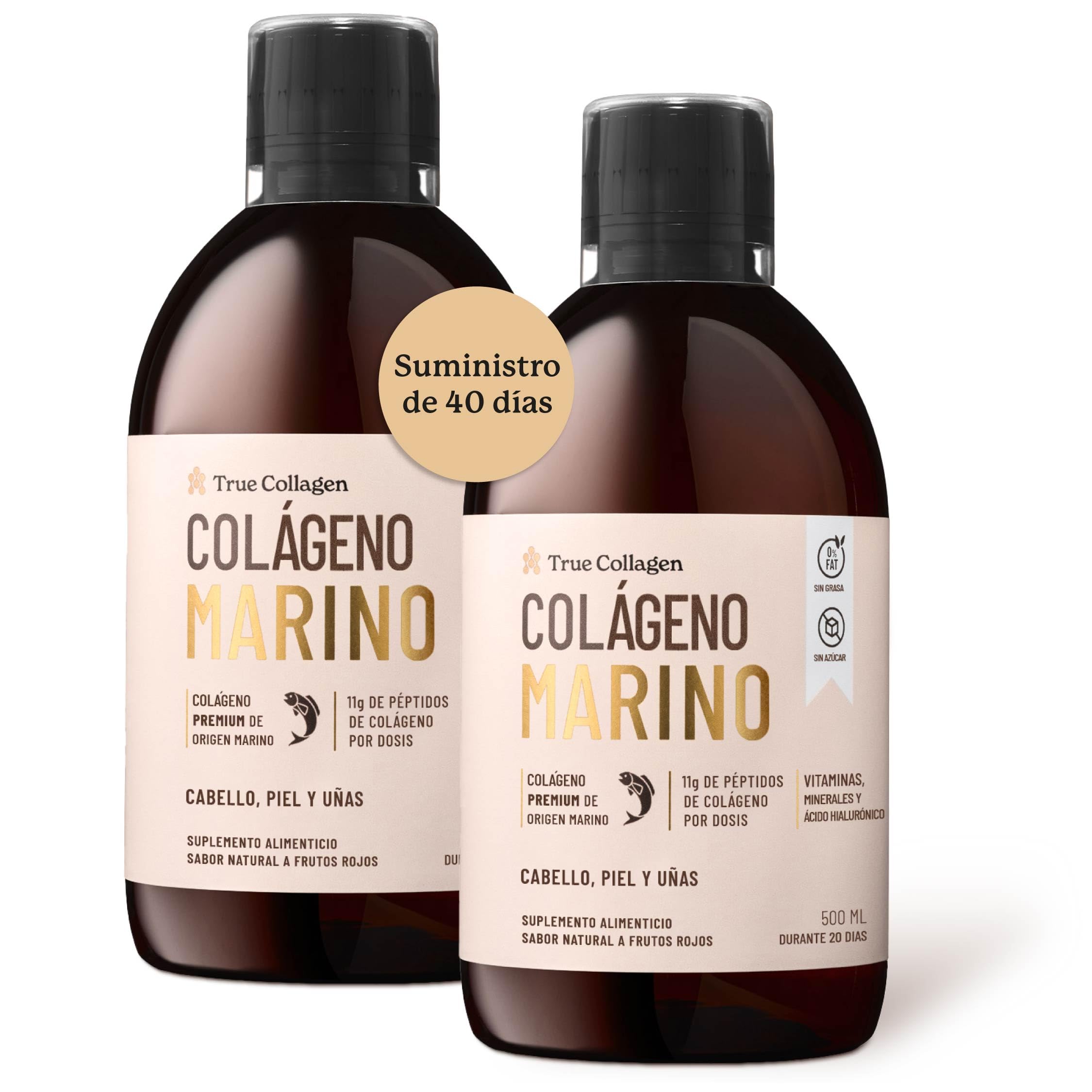 True Collagen | Suplemento Líquido de Colágeno Hidrolizado de 11 000 mg - 2 x 500 ml (1000 ml), Suministro para 40 días | Ácido hialurónico, biotina y vitamina C para un cabello, piel y