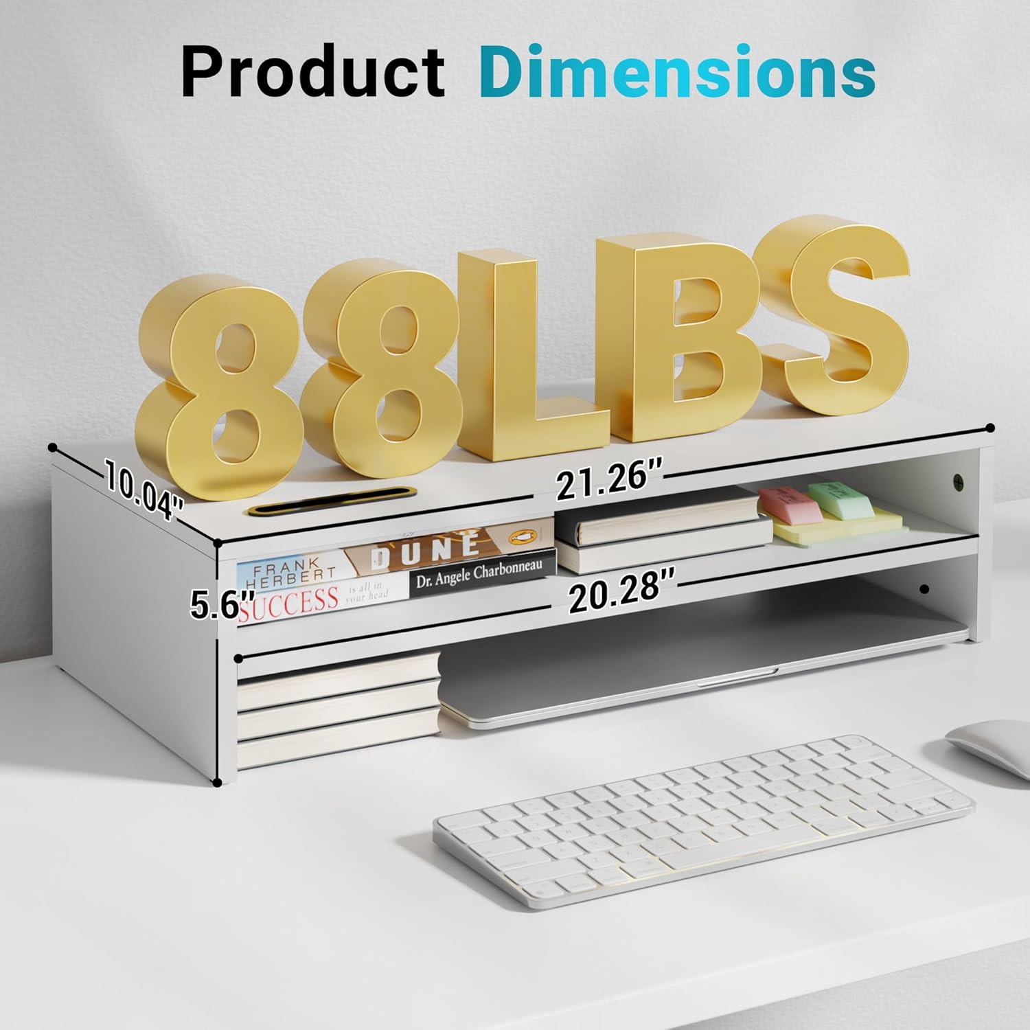BONTEC Wood Monitor Stand Riser, 2-Tier Desktop Organizer with Storage, Ergonomic Computer Stand for Desk, Cable Management, Cellphone Holder, 21.3 Inch Shelf, White