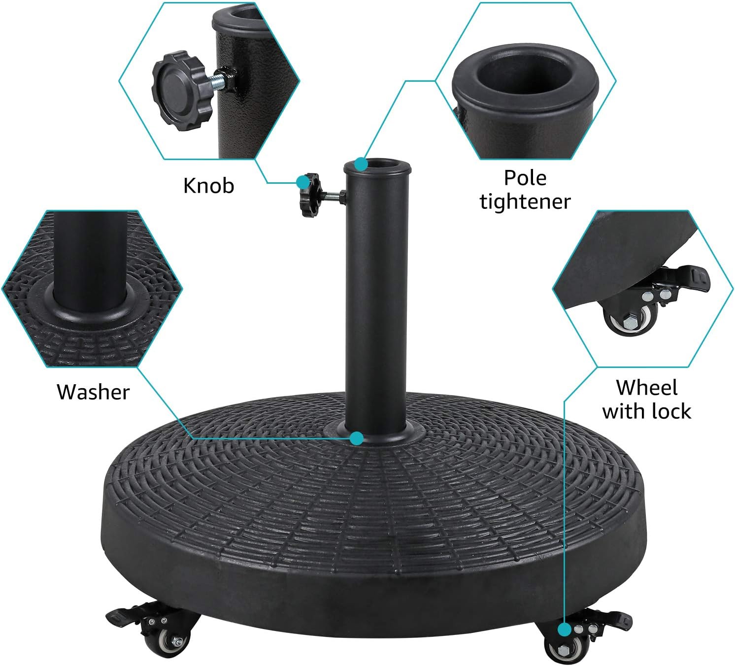 COBANA Patio Umbrella Base, Heavy-Duty Stand Resin Weights with Wheels for Outdoor Market Umbrella, 52lbs, Black