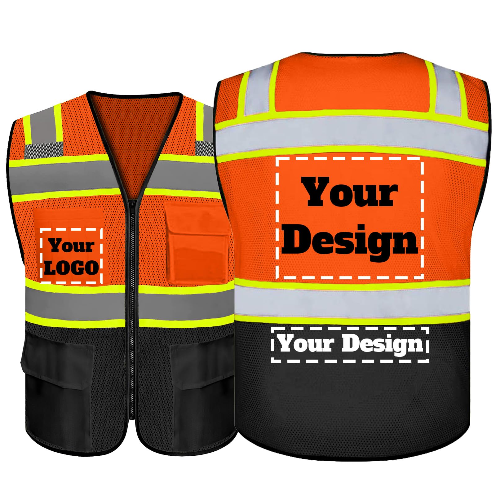 evershare Safety Vest Customize Logo with 5 Pockets & Zipper Reflective High Visibility Vest Class 2 Outdoor Workwear