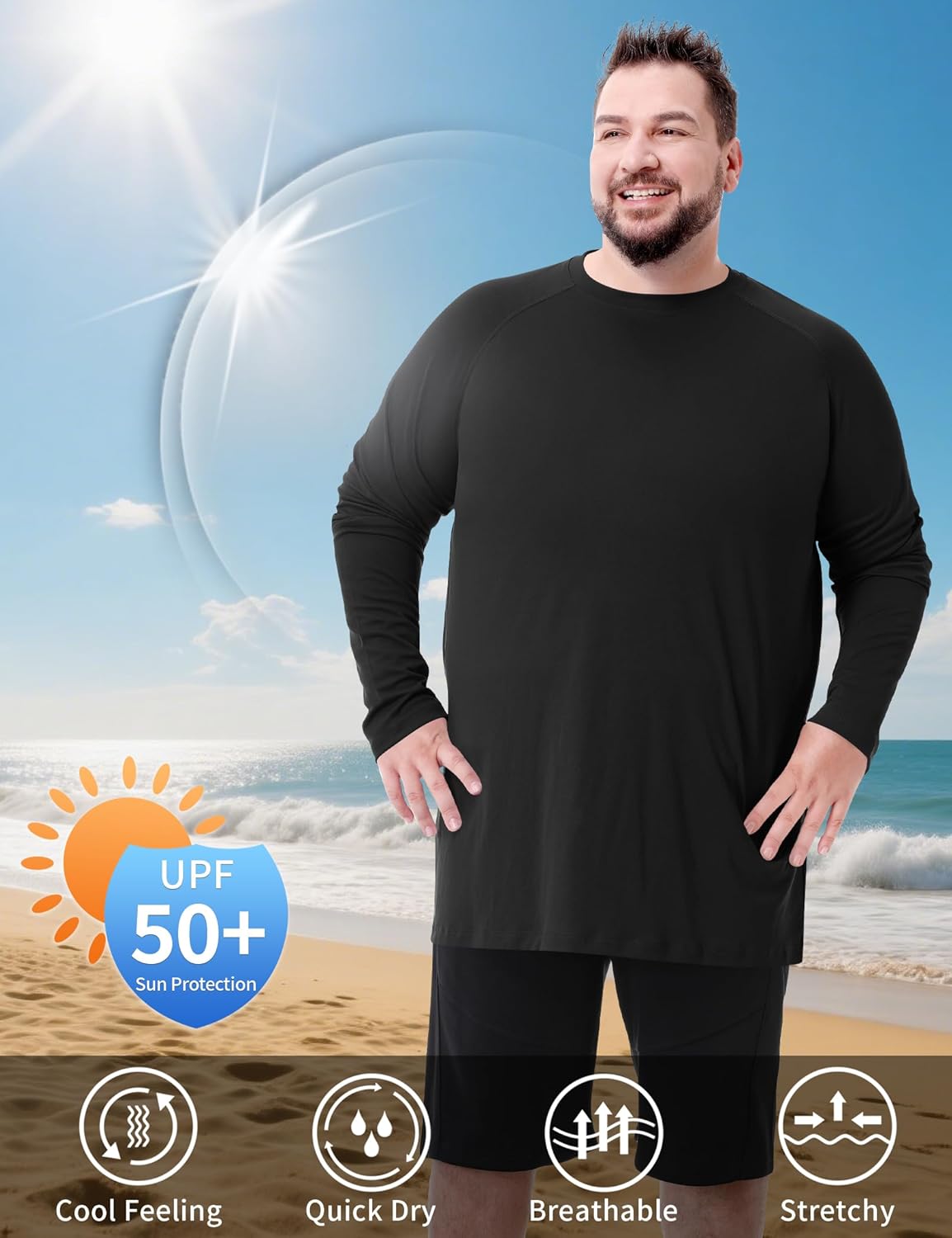 Mens Big and Tall Long Sleeve Swim Shirt Sun Protection UPF 50+ Rash Gard Quick Dry T-Shirt (2XL-8XL) - Image 5