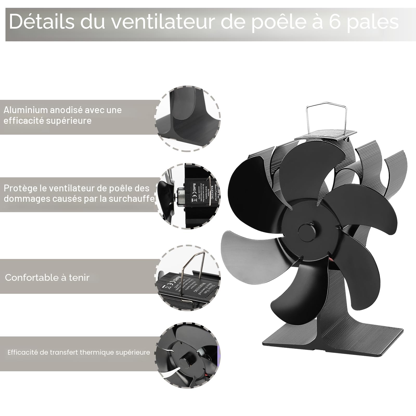 Ventilateur de cheminée à 6 pales, ventilateur de poêle avec télécommande, ventilateur à commande thermique pour poêles à bois et cheminées, fonctionnement silencieux