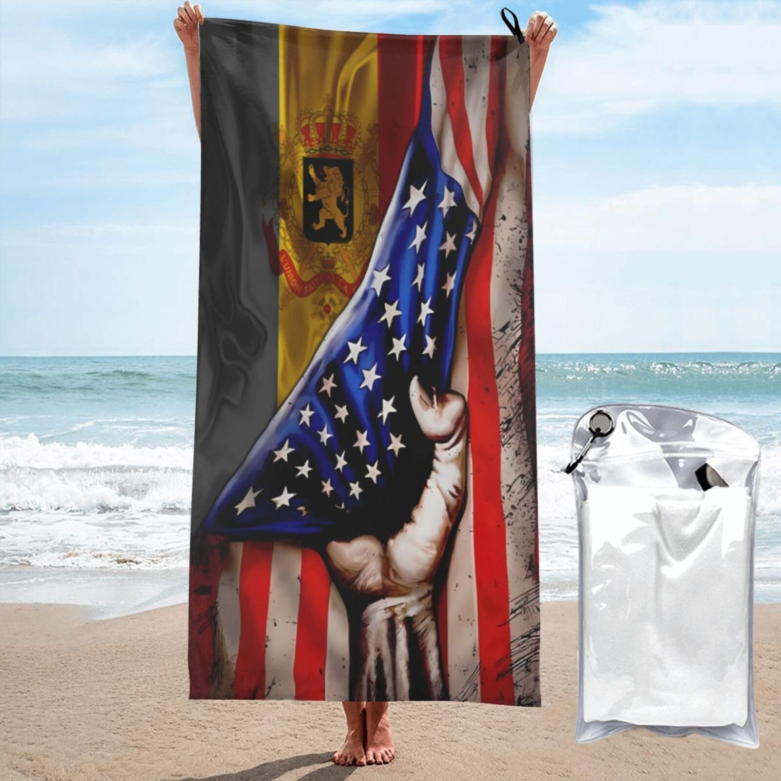 Serviette de plage drapeau américain et belge 70x140 cm pour piscine