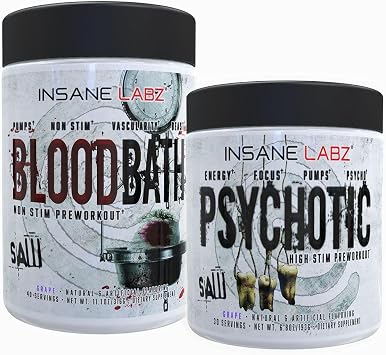 Insane Labz Psychotic Saw and Bloodbath Pre Workout Nitric Oxide Booster Stack, Increase Muscle Mass, Vascularity, Strength, Energy, Focus Grape, 30 Servings