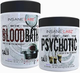 Insane Labz Psychotic Saw® and Bloodbath Pre Workout Nitric Oxide Booster Stack, Increase Muscle Mass, Vascularity, Strength, Energy, Focus (Grape, 30 Servings)