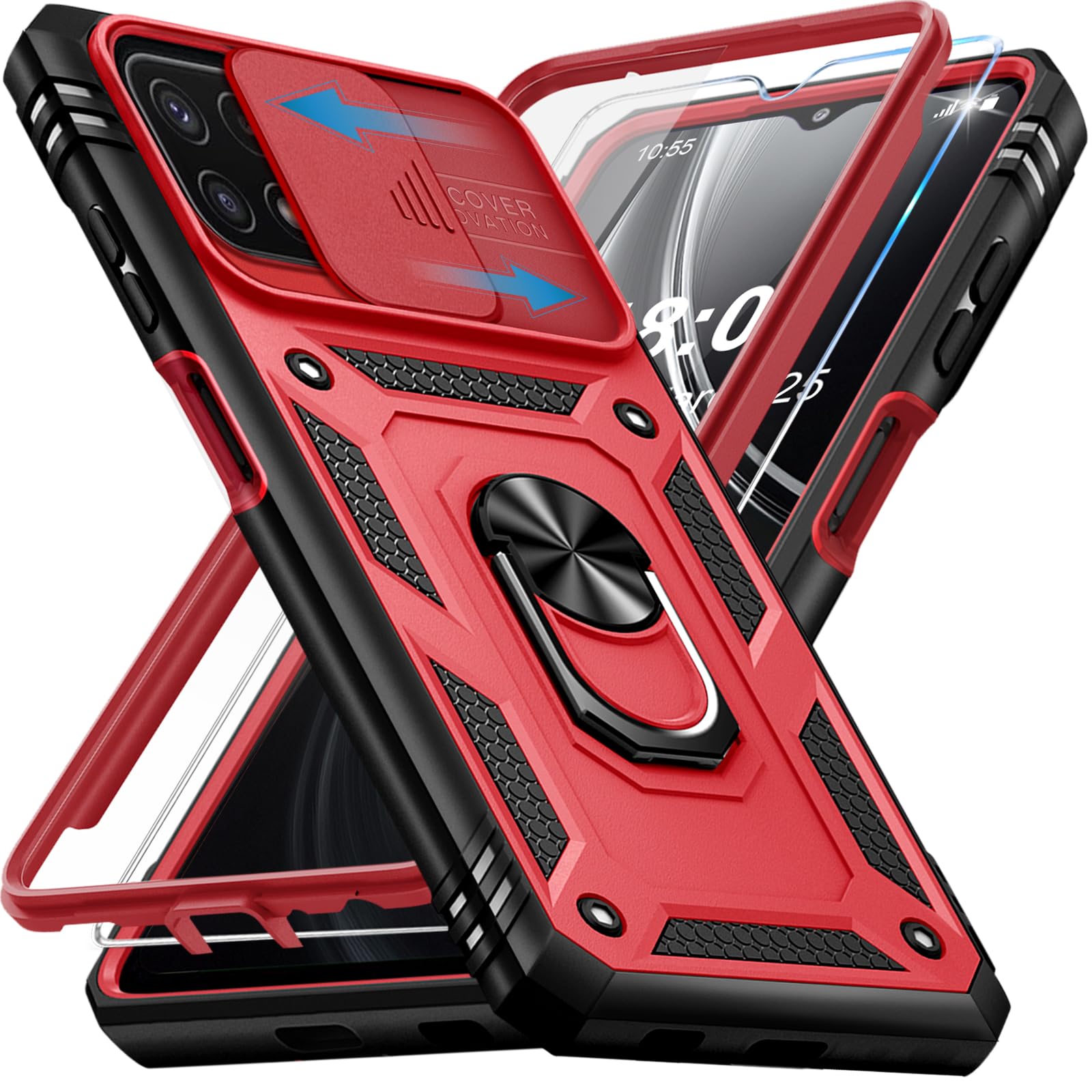 Giyer für Samsung Galaxy A22 5G Hülle mit Displayschutzfolie, Handyhülle A22 mit Kameraschutz Kartenschlitz 360° Metall Ring Ständer Stoßfest Bumper Schutzhülle Samsung A22 6.6" Case Cover (Rot)