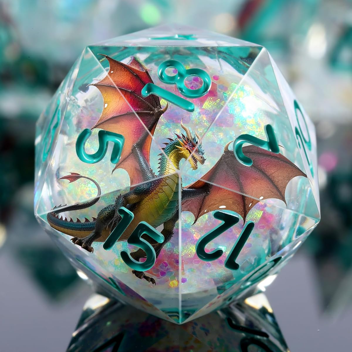Shinny Liquid Core Dice Set | 7-Piece Sharp Edge D&D Dice with Ancient Dragon Design | Gift Metal Case for Dungeons and Dragons RPG Tabletop Gaming
