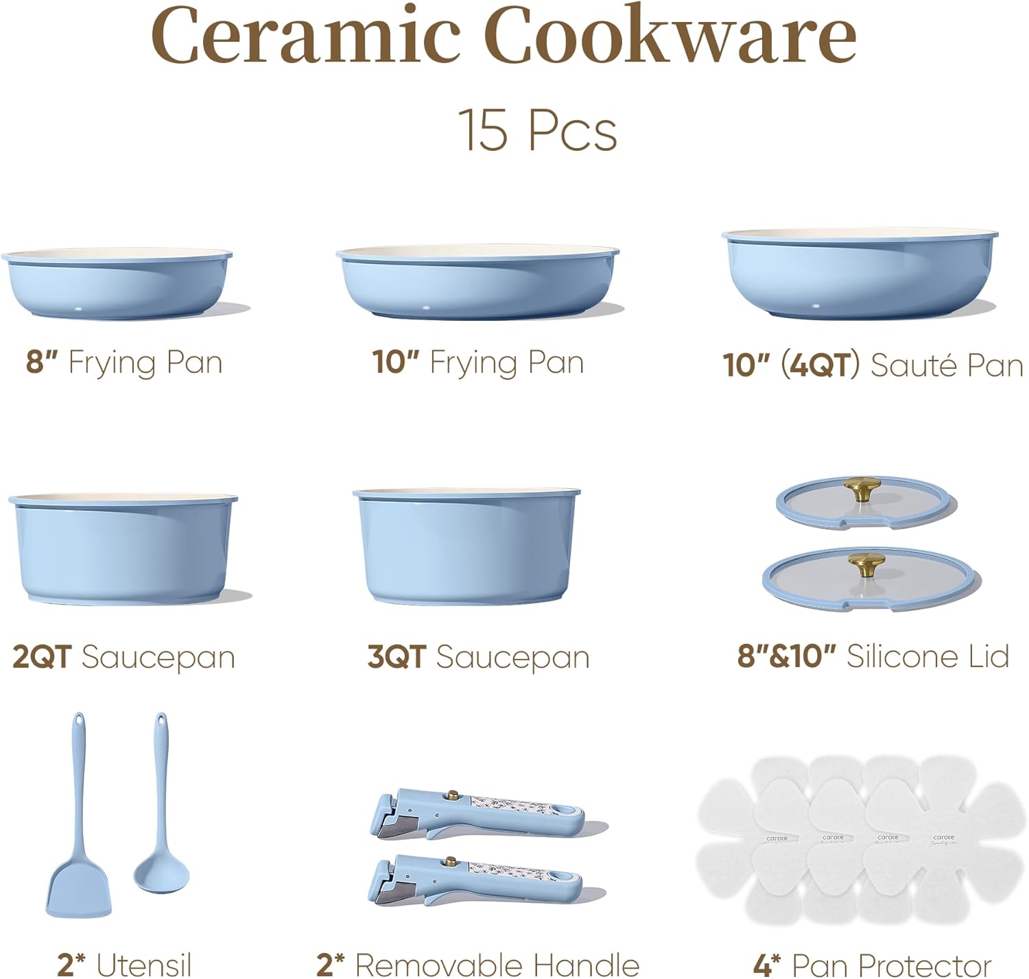 CAROTE 15Pcs Ceramic Cookware Set, Pots and Pans Set Non Stick, Kitchen Cooking Set with Detachable Handle, Non Toxic Induction Cookware, Dishwasher/Oven Safe - Image 2