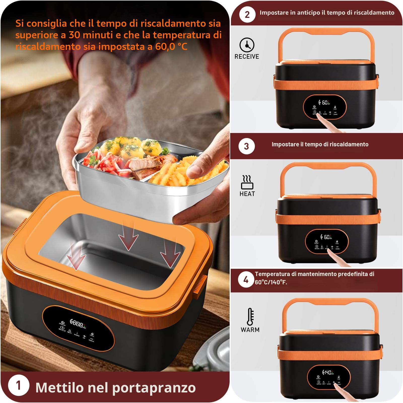 1.5L Upgrade Scaldavivande Elettrico Portatile, Ricaricabile Riscaldamento Automatico Porta Pranzo Termico per Interno ed Esterno Auto Camion e Ufficio Contenitore Termico Per Alimenti Caldi