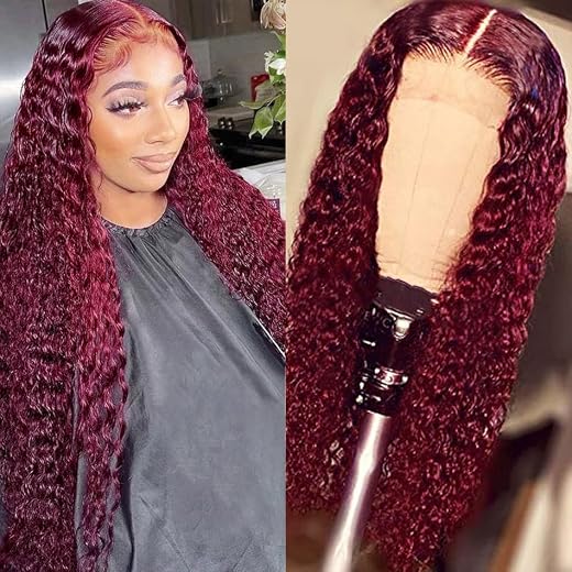 Fuduete 99J Lace Closure Human Hair Wigs 4x4 Burgundy Deep Wave Lace Front Wigs 180% Density Brazilian Human Hair Deep Curly Wigs for Black Women Pre Plucked with Baby Hair(99J Burgundy Wig, 26Inch)