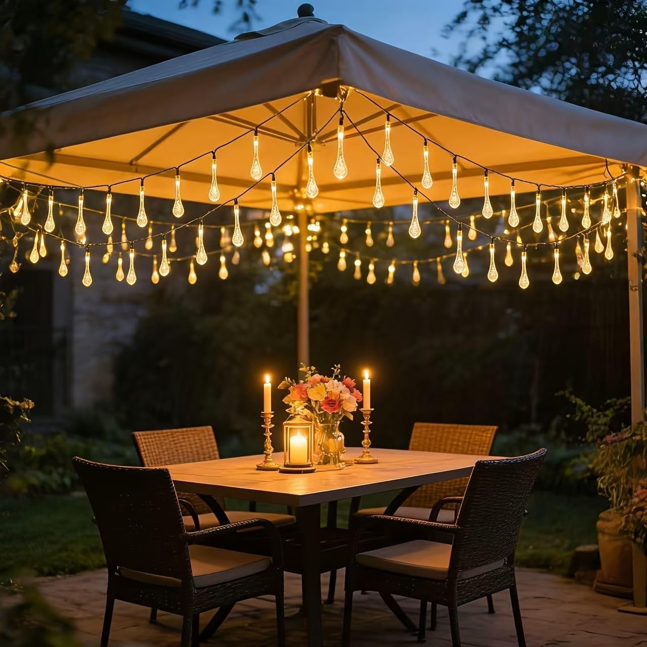 50L Super Solar Power Ambient Warm White LED Raindrop String Lights Outdoor