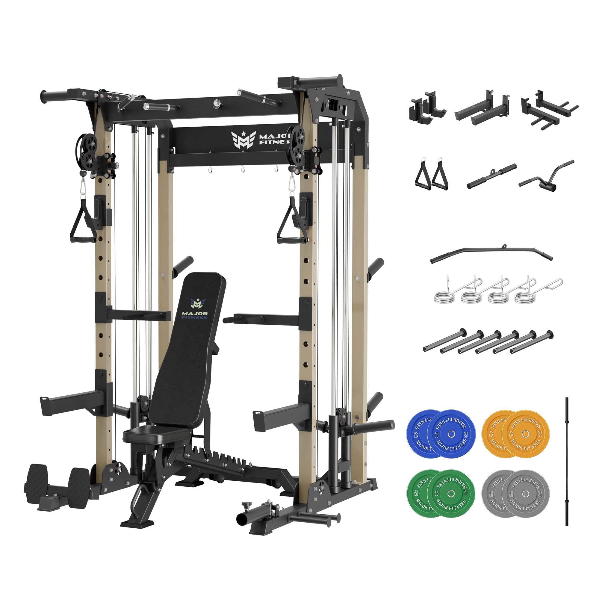 MAJOR FITNESS F22 Power Rack 1600lbs All-in-One Squat Rack with Dual Pulley System Heavy-Duty Steel Frame Attachments Storage