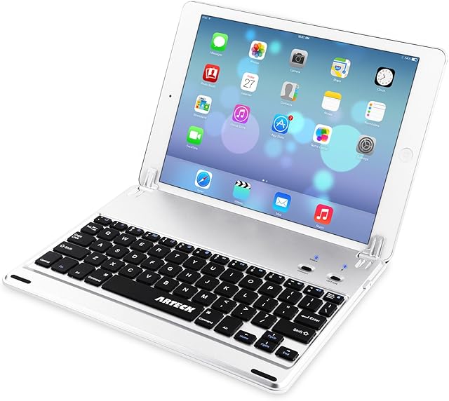 Arteck Ultra-Thin Apple iPad Air 2/9.7-inch iPad Pro Bluetooth Keyboard Folio Case Cover with Built-In Stand Groove for Apple iPad Air 2 with 130 Degree Swivel Rotating-Silver