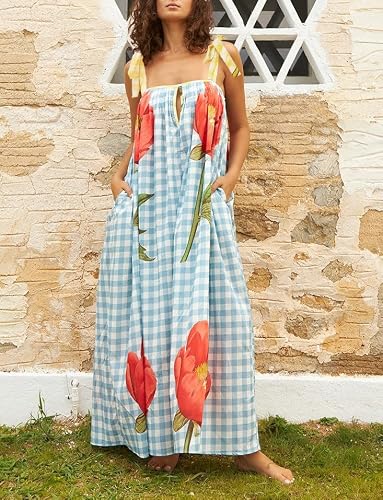 KMBANGI Women Boho Tie Shoulder Maxi Dress Sleeveless Colorful Gingham Flowy Long Dress Tied Straps Graffiti Vacation Sundress(Adorable Blue,S) - Thumbnail 2