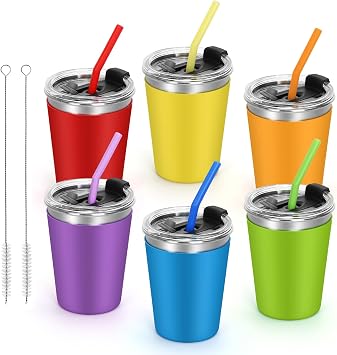 6pack Spill Proof Cups for Kids, 12oz Kids Cups with Straws and Lids Colorful Silicone Sleeves Spill Proof for Cold & Hot Drinks, Unbreakable Stainless Steel Water Tumblers 6