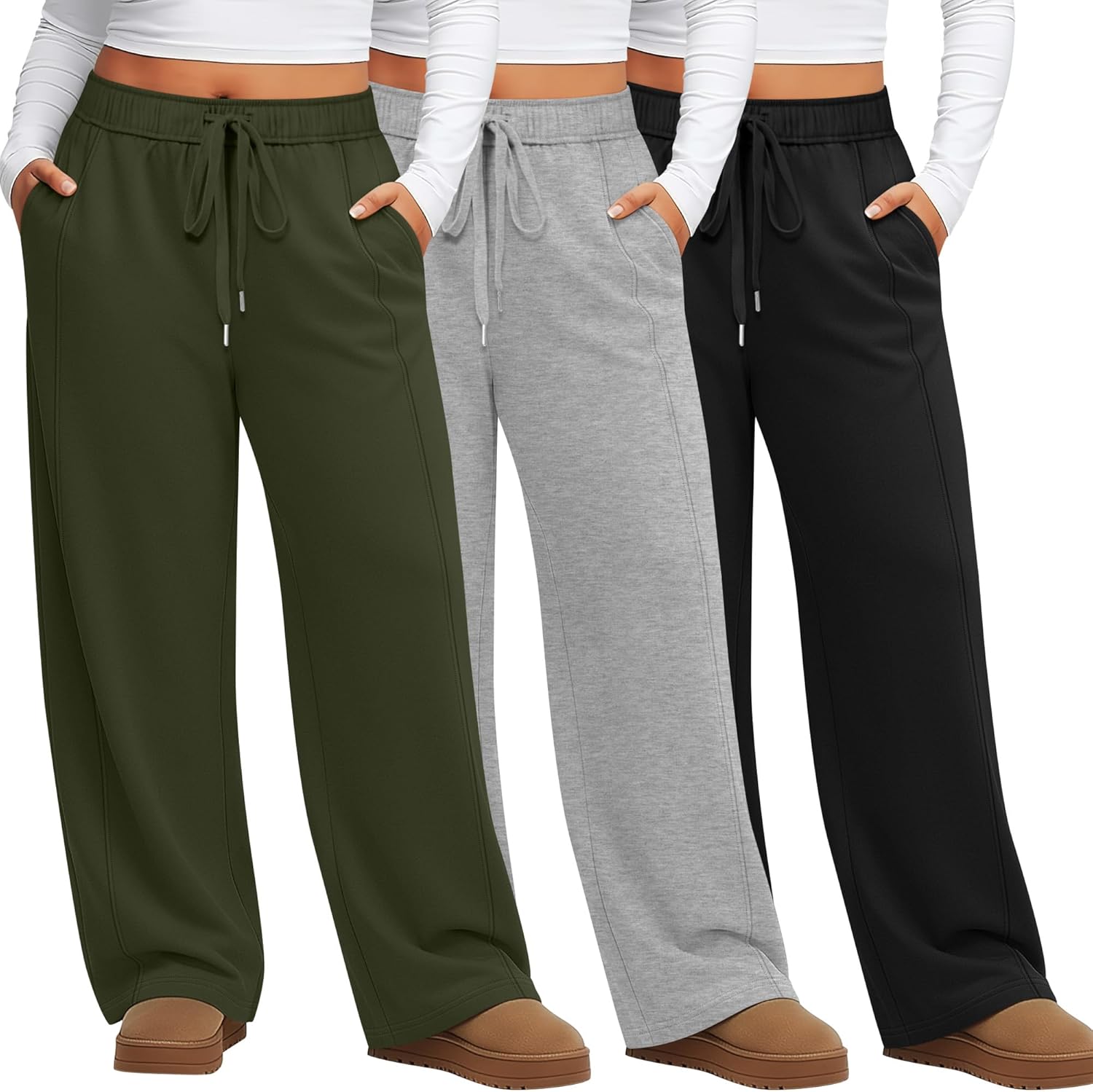Evervibe 3 Pack Women's Plus Size Wide Leg Pants Trendy Double Side Seams High Waist Lounge Yoga Sweatpants with Pockets