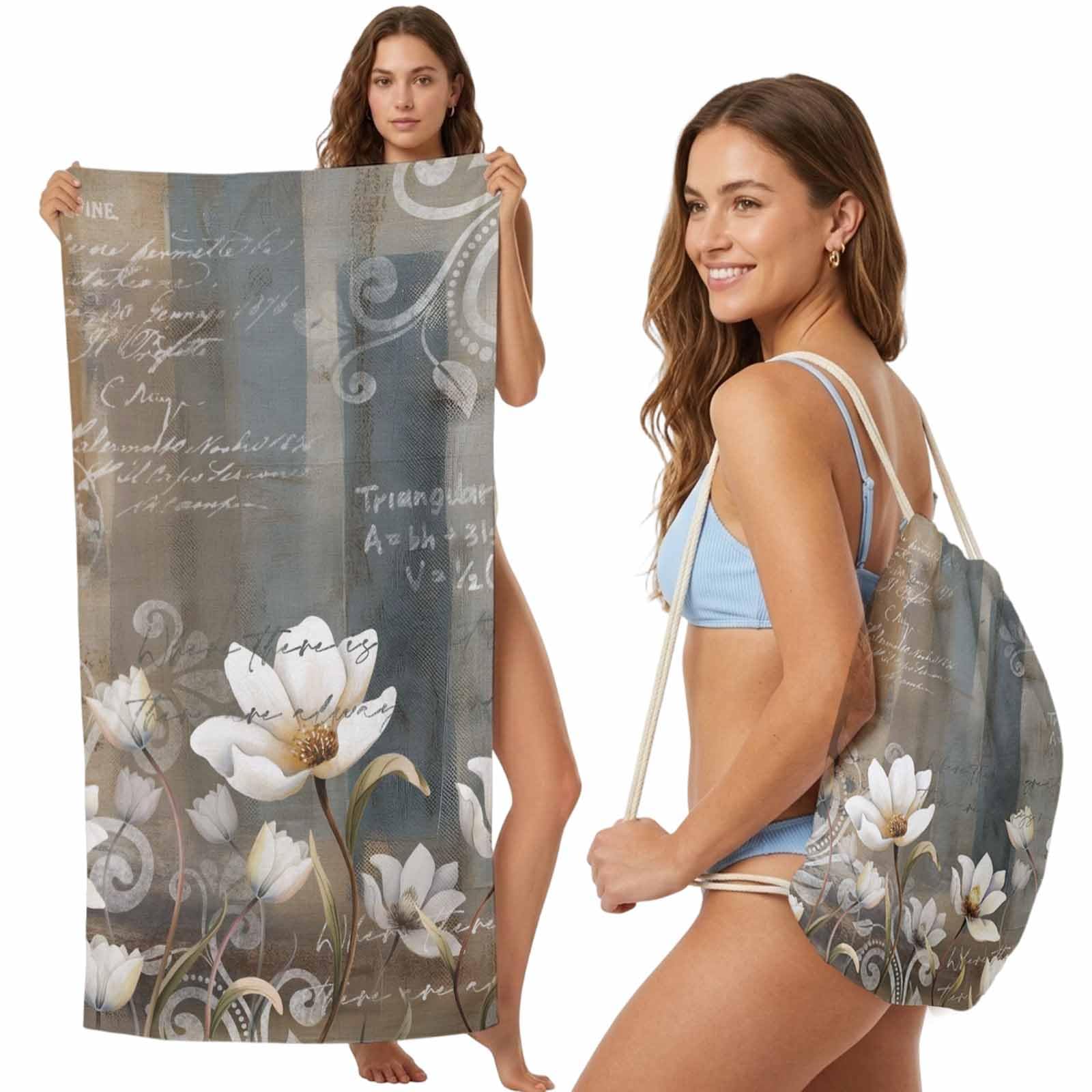 FWJZDSP Beach Towel Backpack, Vintage Blossom Flower Tulip 2-in-1 Foldable Soft Microfiber Quick Dry Beach Towel 31.5x63in Swirling Postcard Texture Lightweight Pool Towels Bag for Travel, Yoga, Gym