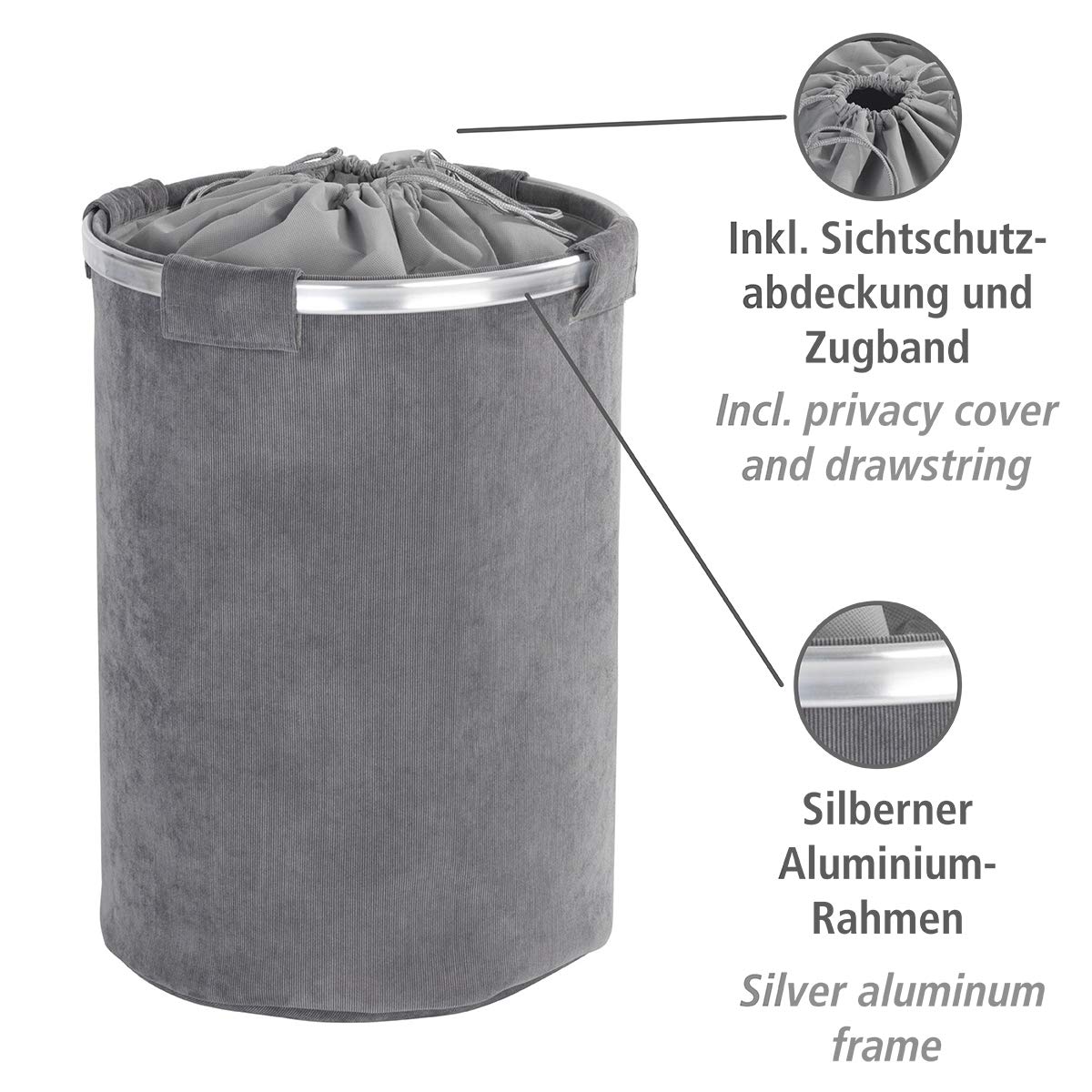 WENKO Wäschesammler Cordoba Grau, Trendiger Wäschekorb mit Deckel und Silbernem Aluminium-Rahmen zur Erleichterung beim Befüllen, 68 l Stauraum in einem Fach, (B/T x H): Ø 40 x 54 cm
