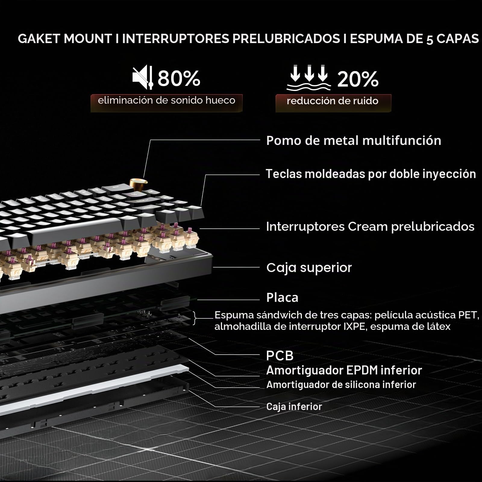 Dierya DK68E Teclado Gaming, 60% Teclado Mecánico Gasket con Knob, RGB Hot Swap Switches Lineales Cremosos, Compacto 66 Teclas Anti-Ghosting, Disposición QWERTY-US, Negro