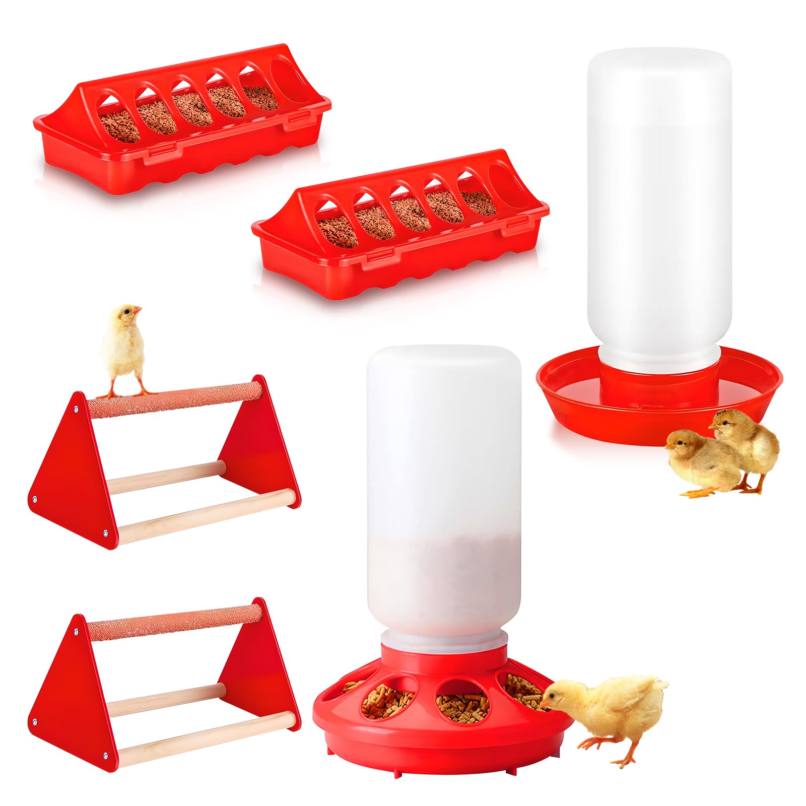 VibeHaven 6 Pack Chick Feeder and Waterer Set - Chick Starter Kit with Mini Perch, Automatic Chicken Waterer & Feeder for Ducks/Quail, Coop Brooder
