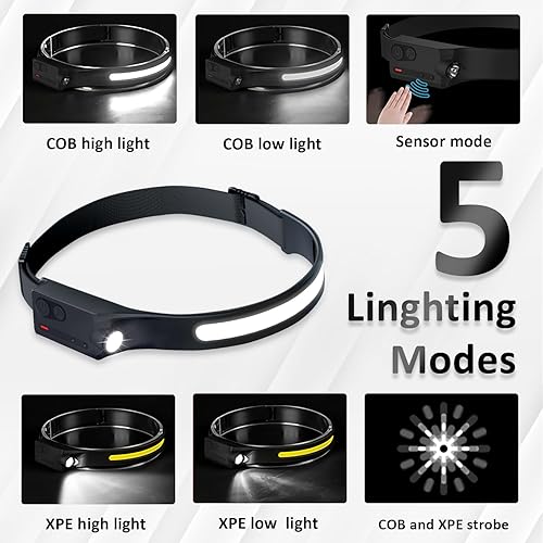 Miniatura 5 de Linterna frontal LED recargable con sensor de movimiento, lámpara de cabeza USB, cómoda diadema con haz ancho, 5 modos, 350 lúmenes, linterna ultra