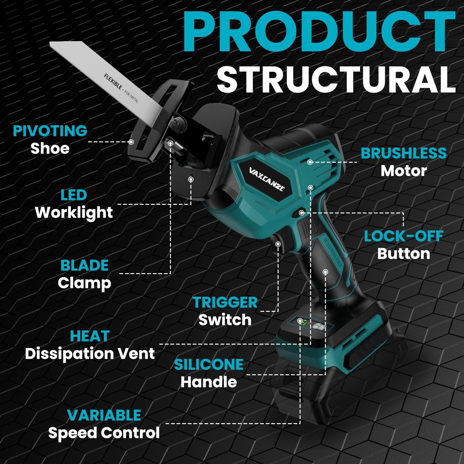 Cordless Reciprocating Saw for Makita Battery, 3 Variable Speed 0-3500 Brushless Motor, Tool-free Blade Change, 4 Saw Blade Potable Recipro kit for Wood/Metal/PVC Cuts - Tool Only