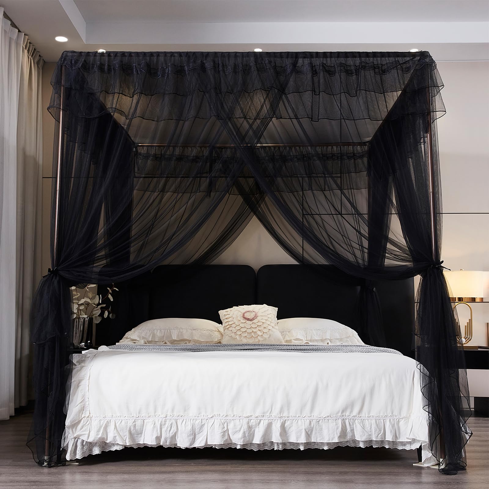 Kertnic Betthimmel-Vorhänge für Mädchen und Erwachsene, Queen-Size-Bett, Baldachin, Vorhänge, Netz, praktisches Moskitonetz für Bett, Schwarz, Kingsize-Bett - 218,4 cm B x 198,1 cm L x 208,3 cm H