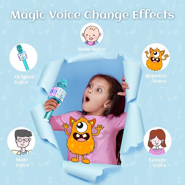 BONAOK Karaoke, microfono wireless per bambini, 4 in 1, microfono per karaoke, microfono per bambini per cantare senza fili per casa, feste, compatibile con Android (blu) - 4