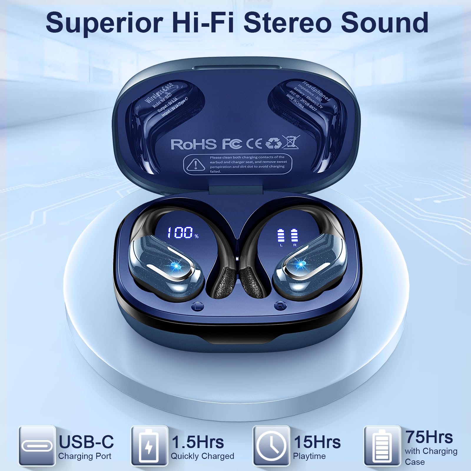 Auriculares Bluetooth Inalámbricos Deportes, 75Hrs Auriculares Bluetooth 5.4 con Estéreo HiFi 3D, 4 ENC Reducción de Ruido Micrófono Auricular Inalámbrico USB-C Carga, Impermeable IP7 Auriculares