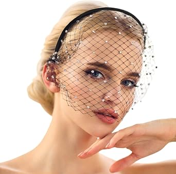 Mesh Veil Fascinator Headband 1920s Headpiece for Women Funeral Veil with Rhinestones for Tea Party Church Graduation