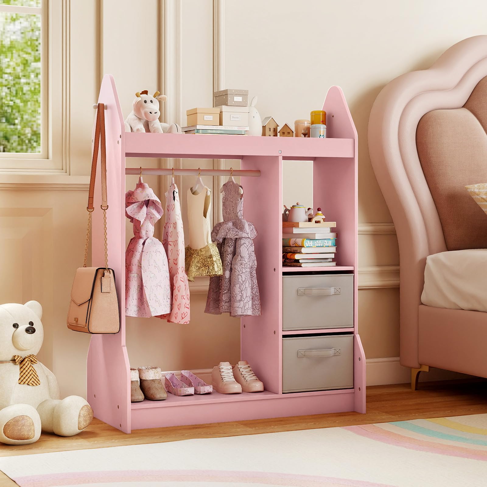 COSTWAY Guardaroba per Bambini, Armadio Gioco con Specchio Appendiabiti, Cassette in Tessuto Pieghevoli, Organizer per Stanza e Camera da Letto, 81 x 38 x 107 cm (Rosa)