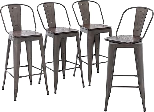 Miniatura 13 de Juego de 4 taburetes de bar giratorios de metal de 30 pulgadas, taburetes de bar industriales de respaldo alto con asiento de madera grande, color