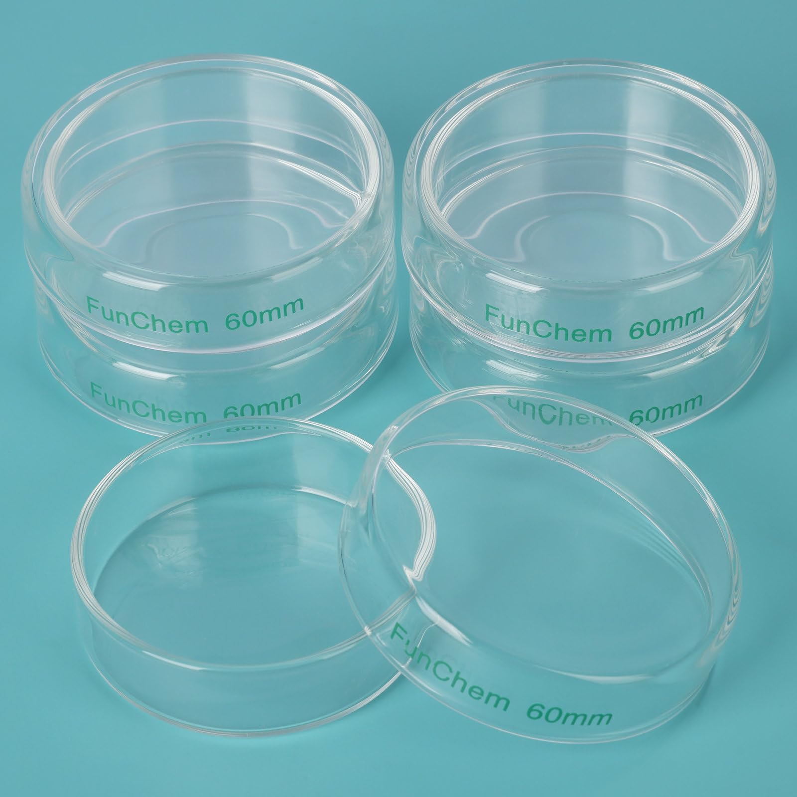 FunChem Capsula Petri in Vetro Borosilicato con Coperchio Trasparente per Test e Osservazioni di Laboratorio - Diametro Esterno 60 mm, Confezione da 5