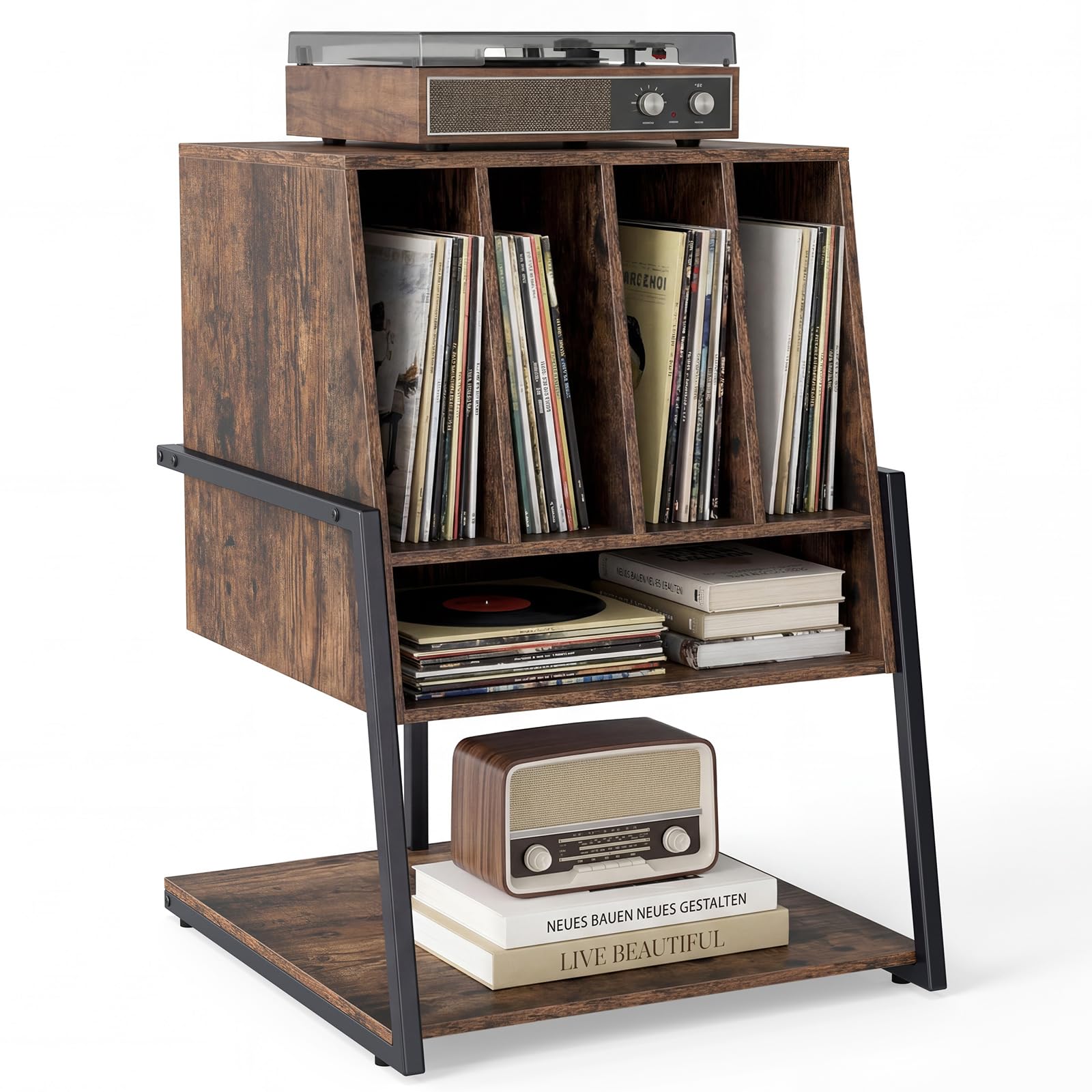 COSTWAY Mueble Tocadiscos con Ruedas, Mesa Auxiliar de Madera para Discos, Marco Metálico con Estante para Vinilos, Mueble para Tocadiscos y Vinilos, Salón y Dormitorio (sin Eschufe,Marrón)