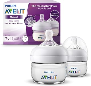 Philips Avent Natural Newborn Baby Bottles 2oz/60ml with First Flow Nipple, 2 Pack - Ultra-Soft Breast-Like Feeding for Gentle Drinkers