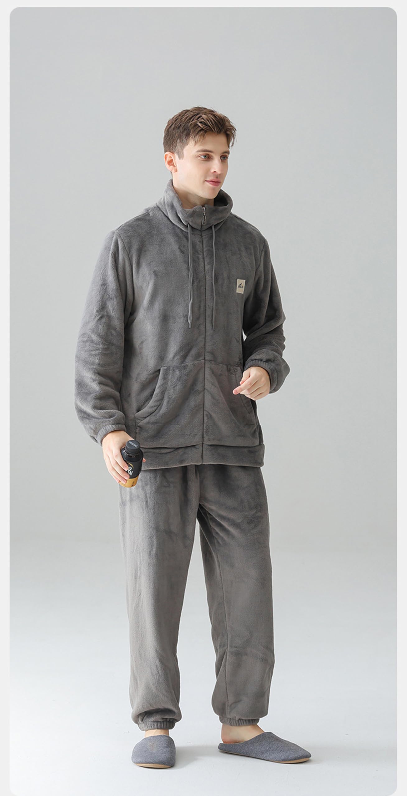 2-Piece Hommes Peluche Polaire Pyjamas Pyjamas Vêtements de Nuit Chaud Confortable Manches Longues Zip up Top & Bottom