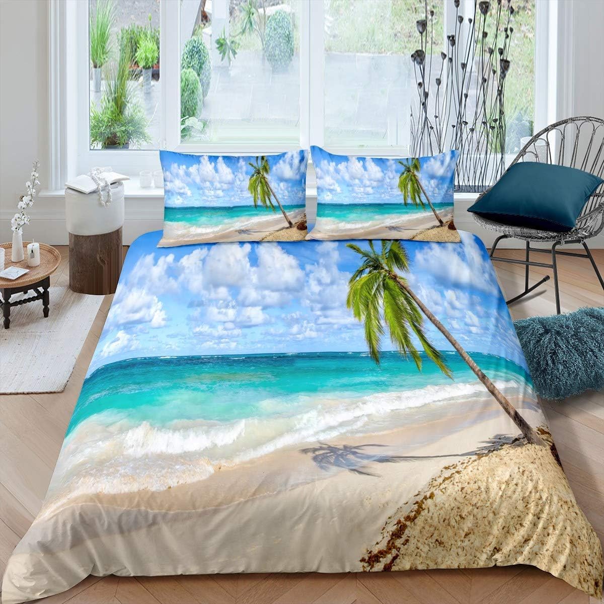 Tizhweqo Hawaii Beach Duvet Cover Sets 150 x 200 Ocean Bedding Sets Soft Microfibre 3D Printed Tropical Quilt Cover with 2 Pillowcases with Zipped Closure C9272