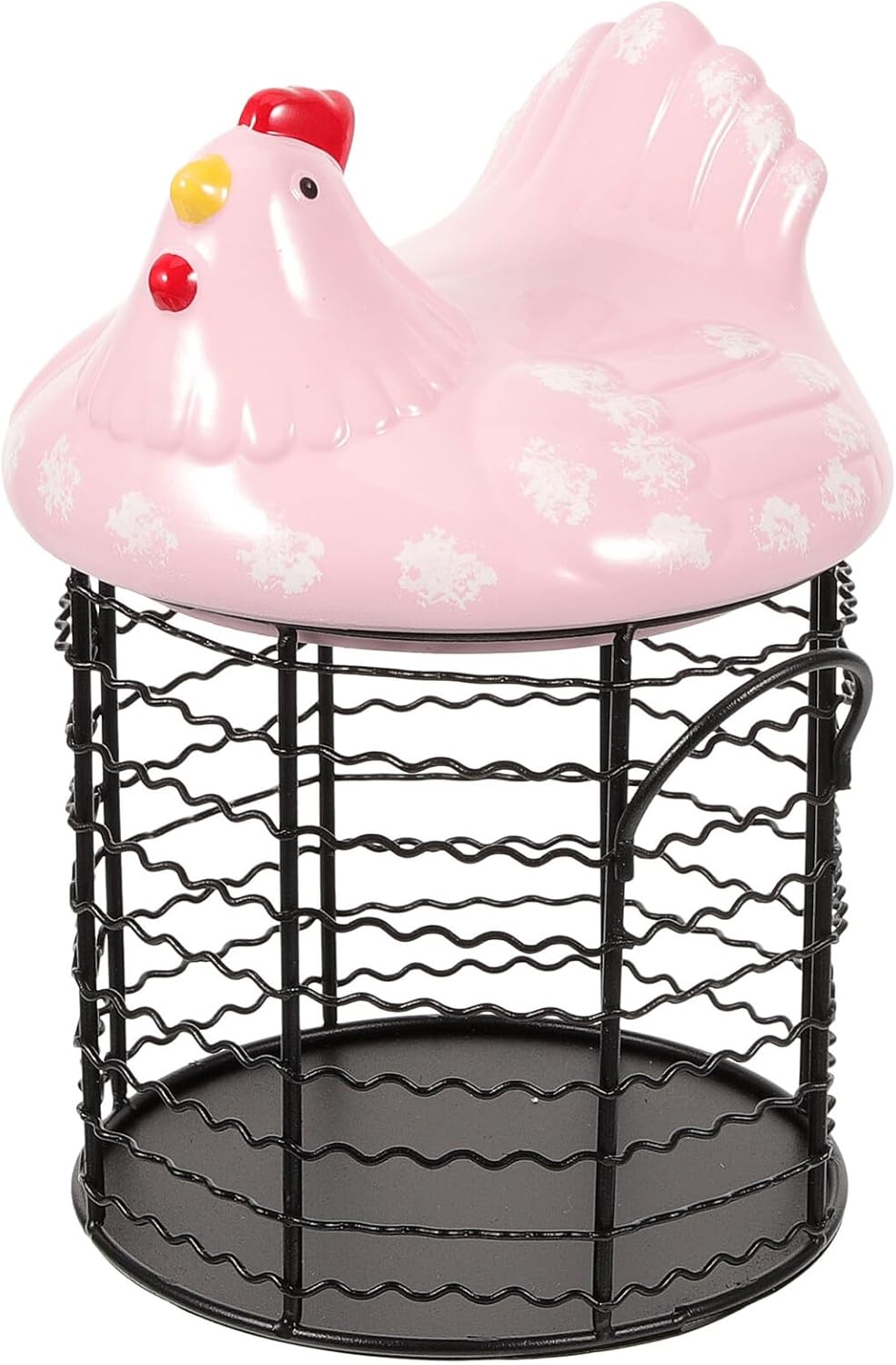Ceramic Egg Storage Basket with Chicken Lid and Black Wire Frame Kitchen Egg Basket and Fruit for Countertop Organization