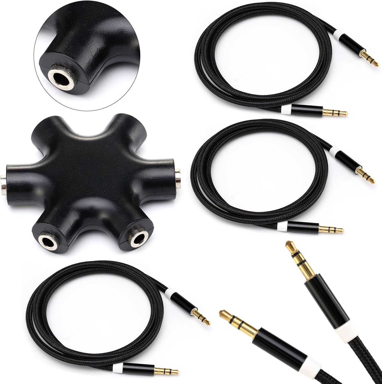 Aux Cords (3) For Car 3.5mm + 6-Port Audio Splitter For 3.5mm Pin - Headphones, Auxiliary Cord, Etc. - (Black)