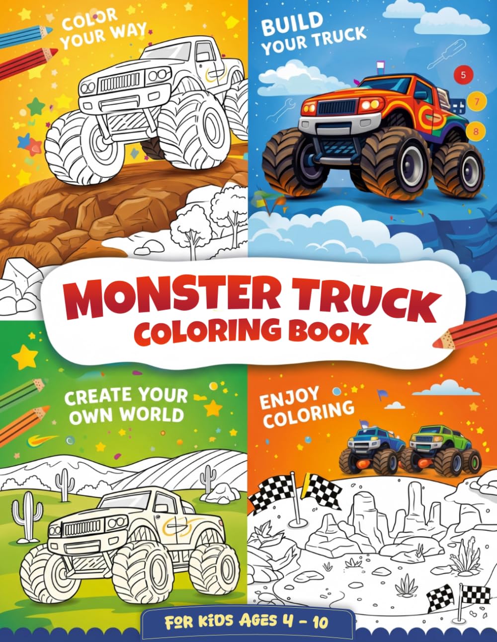 Monster Truck Coloring Book for Kids Ages 4-10: Easy Designs for Boys and Girls Who Love Big Trucks | Fun Activity Pages for Toddlers and Beginners (Perfect Gift Idea)