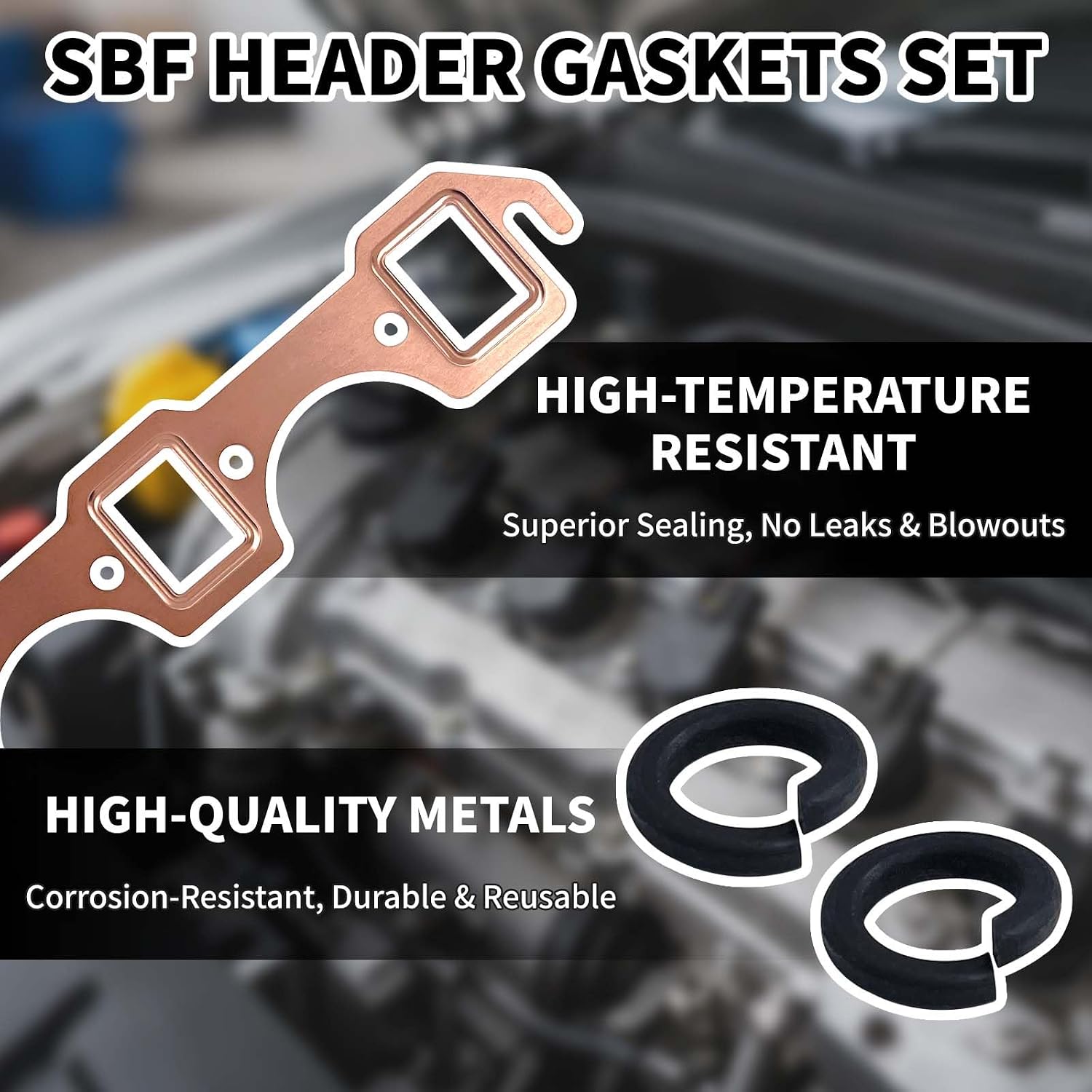 2 Pcs Copper Exhaust Header Gaskets Rectangular Port & 16 Small Gaskets Set for Ford Small Block SBF 289 302 351W for Mustang Bronco F-Series Torino 4.7L 5.0L 5.8L (Header Gaskets)