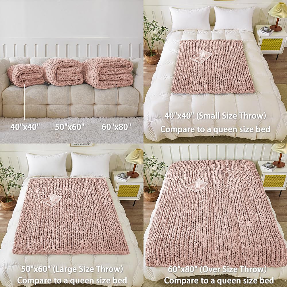 WESHIONGOO - Manta decorativa de punto grueso de 101,6 x 101,6 cm para sofá y cama, suave y esponjosa, confeccionada a mano al 100 % con hilo de chenilla grueso, rosa | Manta tejida 100% hecha a mano, manta suave y esponjosa con hilo de felpilla jumbo gru