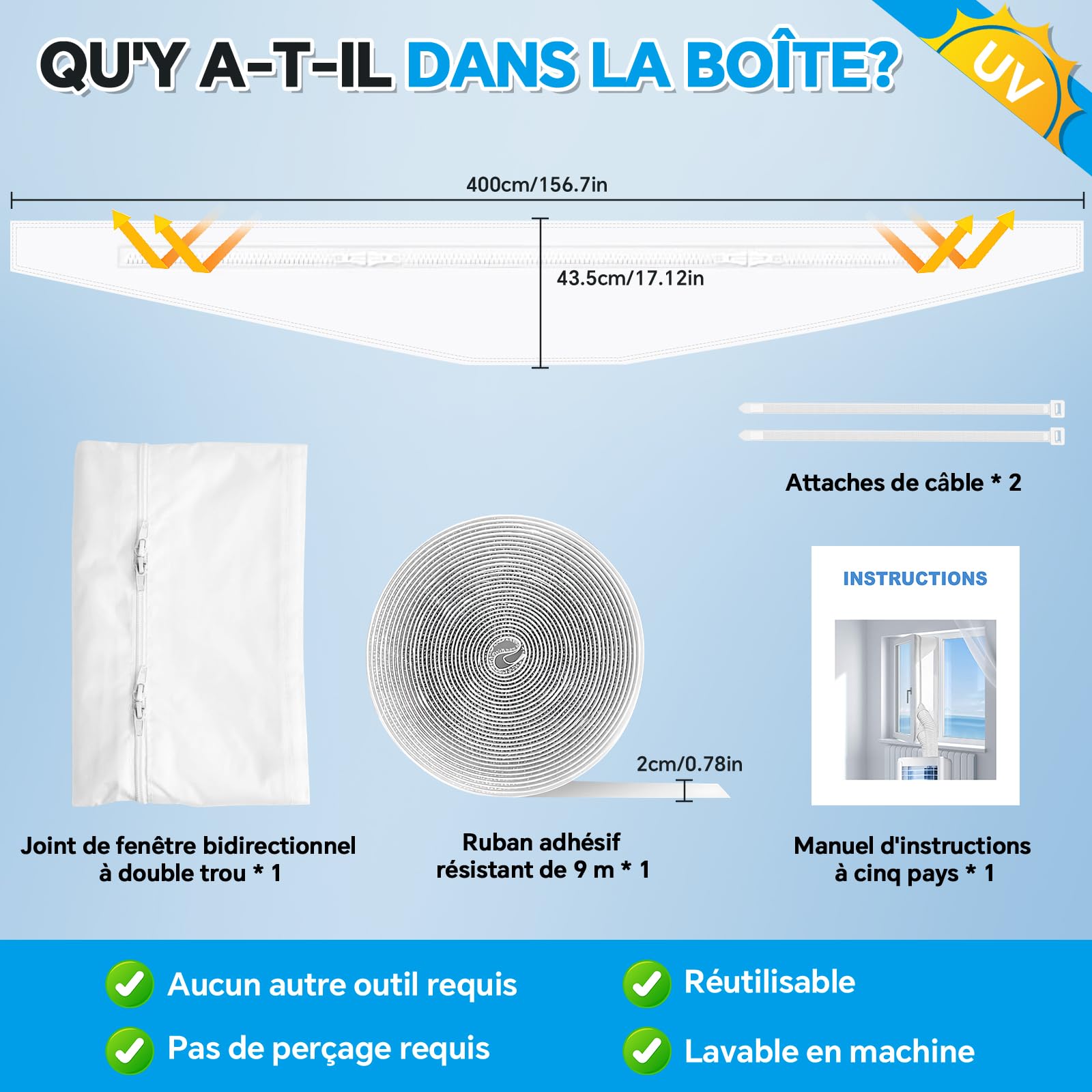 Kit Tissu de Calfeutrage pour Fenêtres pour Climatiseur Mobile Portable, Joint de Fenêtre avec Double Fermeture Éclair pour Sèche-linge, Hotte, Protection contre la Chaleur