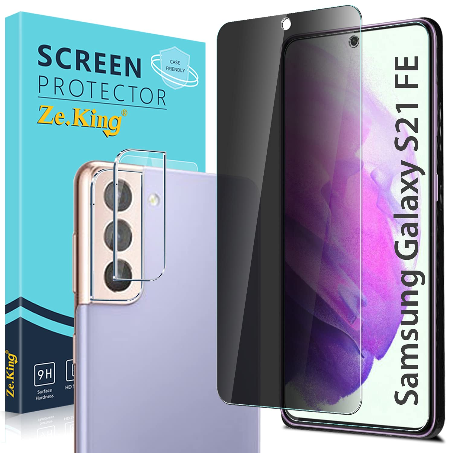 [2+2 Pack] Zeking for Samsung Galaxy S21 FE (Fan Edition) Privacy Tempered Glass Screen Protector and Camera Lens Protector, [Anti-Scratch] HD Clarity 9H Hardness [Bubble Free]
