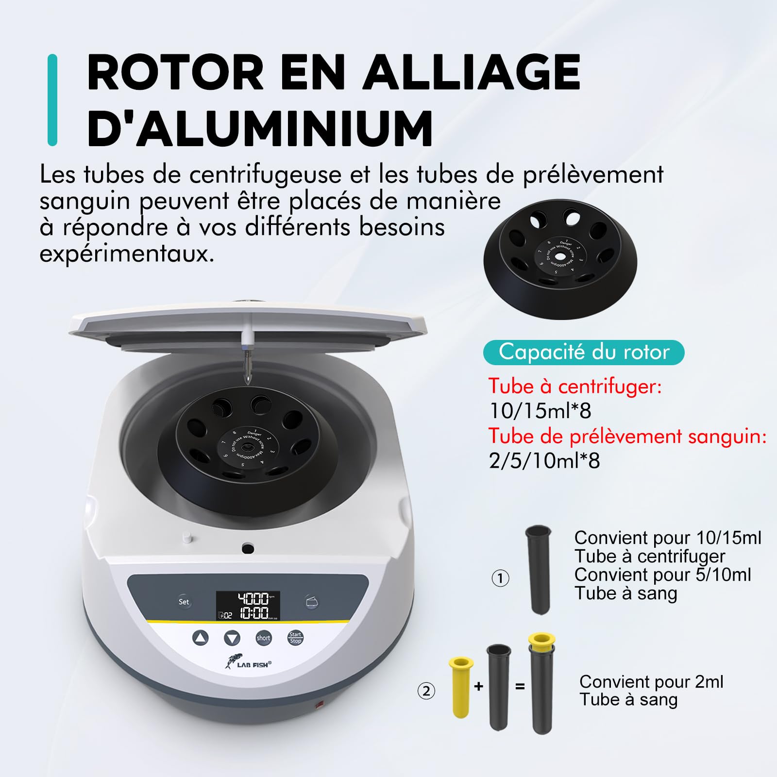 LAB FISH Centrifugeuse de Paillasse pour Tubes 2ml 5ml 10ml 15ml, 500-5000 tr/min Faible Vitesse, Force Max 3074 xg, Rotor 8 Places, Idéale pour PRP/PRF