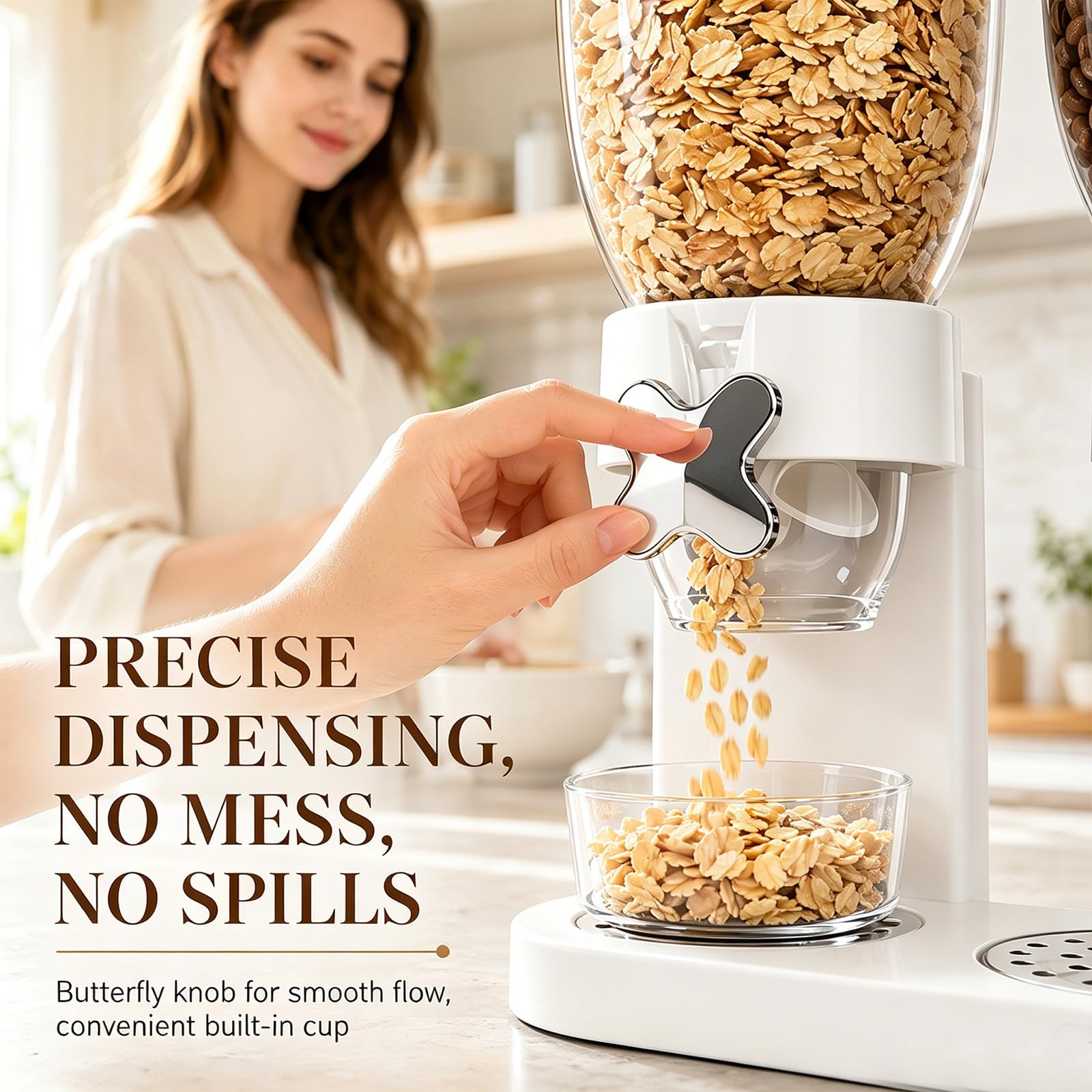 Dispenser per cereali da 2 l, contenitore ermetico per cereali, riso, cereali, caramelle, chicchi di caffè, 29 x 35 x 16 cm, dispenser per cereali e dolcificanti (bianco doppio)